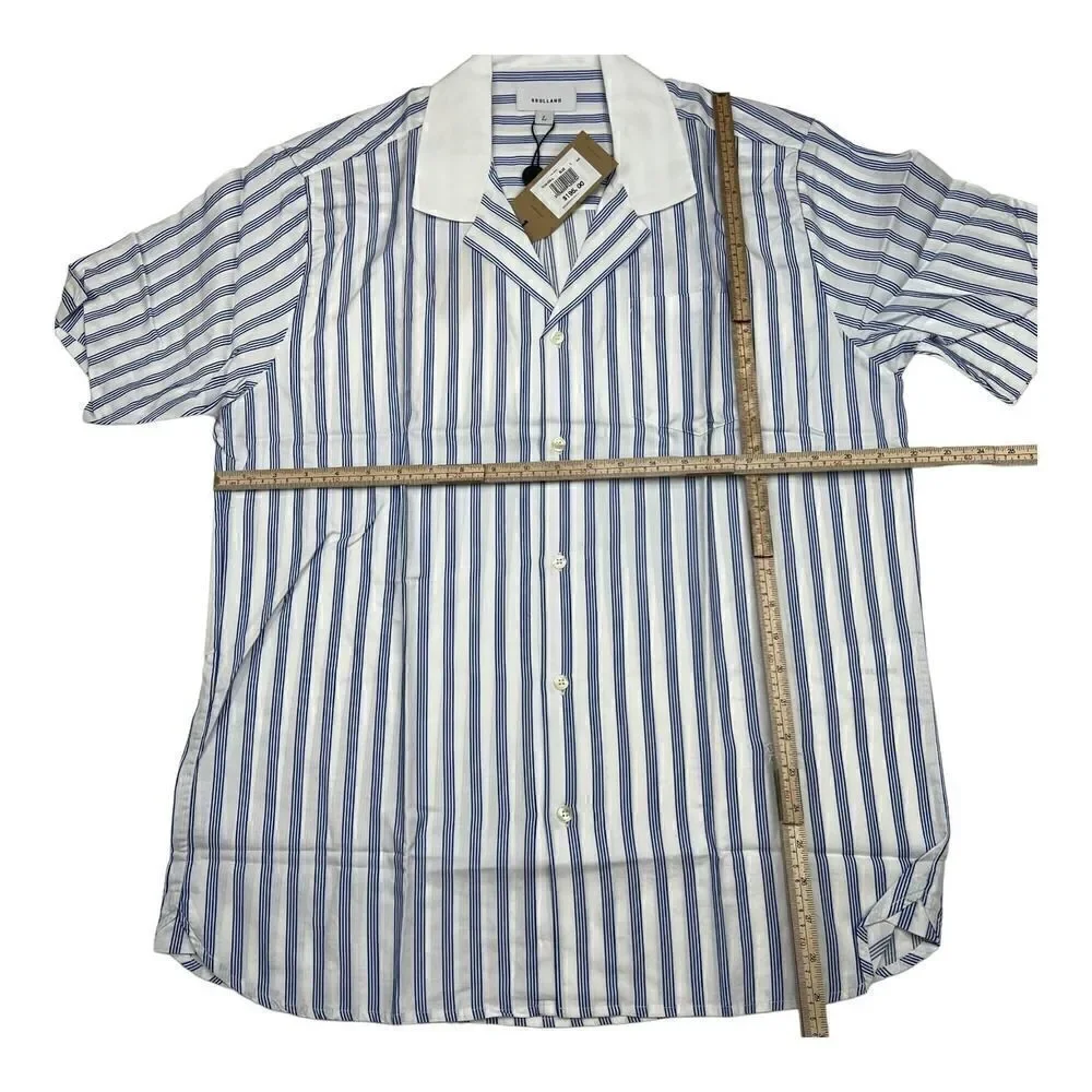 New Soulland Cornwall US L Men White Striped Shirt Short Sleeve Slim Button-Down - Picture 7 of 13